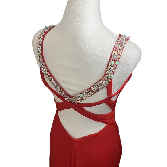 La Femme Red Evening Gown With Rhinestone Straps & Cutout Back Size 2 - Picture 4 of 6